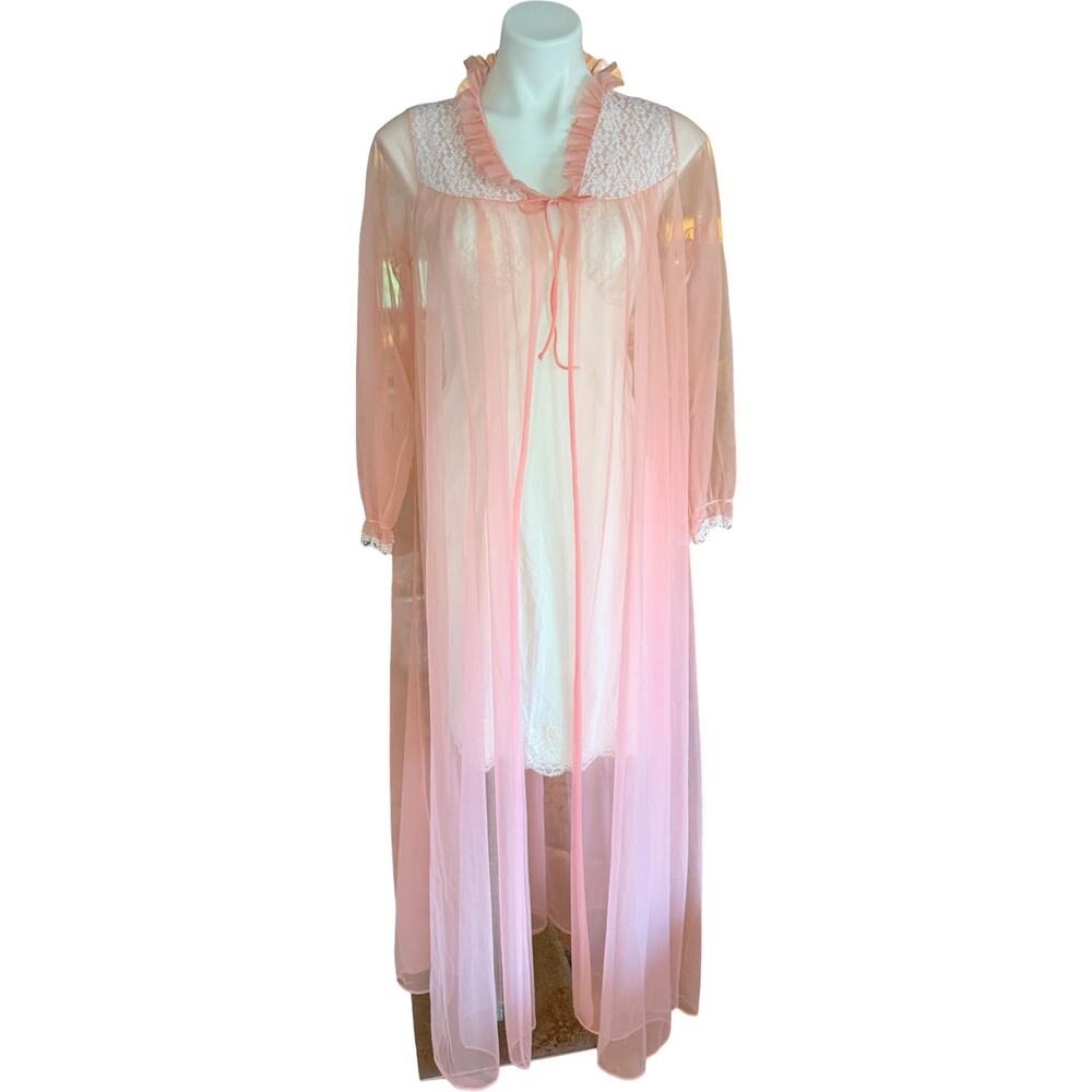 Vintage Avian Full Length Sheer Chiffon Peignoir Robe Blush Pink Lace Medium